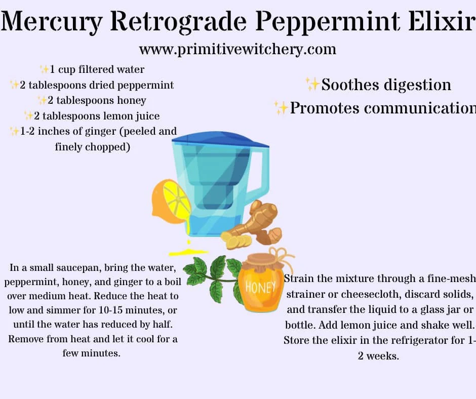 Mercury Retrograde Peppermint Elixir infographic — recipe with peppermint, honey, lemon juice, and ginger by Primitive Witchery